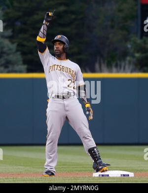 Pittsburgh Pirates' Andrew McCutchen gestures toward the dugout after  hitting a double during the sixth inning of the team's baseball game  against the St. Louis Cardinals Thursday, April 13, 2023, in St.