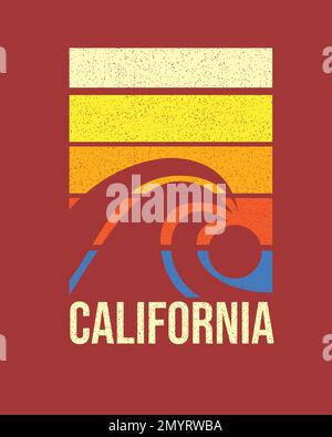 Retro California Beach wave sunset colourful poster graphic design for t shirt print vector Stock Vector