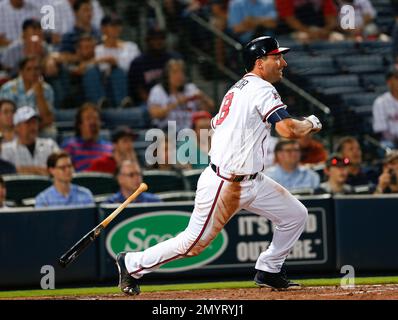 Atlanta Braves left fielder Jeff Francoeur (18) prepares for the game  against the Colorado Rockies, July 23, 2016 in Denver. (Margaret Bowles via  AP Images Stock Photo - Alamy