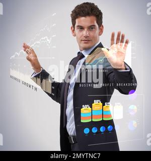 Managing your finances digitally. a thoughtful-looking businessman using a digital interface to analyze data. Stock Photo
