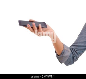 This smartphone is simple and effective. a womans hand holding a smartphone. Stock Photo