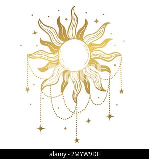 Golden boho sun richly decorated with jewelry, heavenly magic symbol, mythology, mystical sticker, witch tattoo. Vector line illustration isolated on Stock Vector