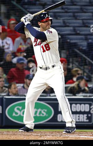 Atlanta Braves left fielder Jeff Francoeur (18) prepares for the game  against the Colorado Rockies, July 23, 2016 in Denver. (Margaret Bowles via  AP Images Stock Photo - Alamy