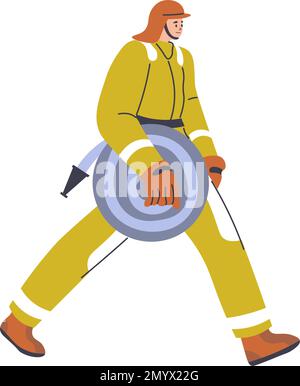 Firefighter with hose, fireman in protective suit Stock Vector