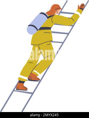 firefighter at work climbing on ladder, putting out and extinguishing ...