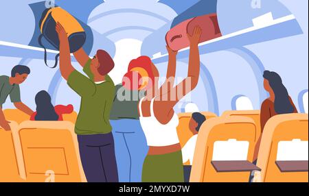 People putting cabin bagage on airplane shelf Stock Vector