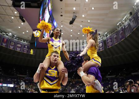 Baton Rouge, USA. 04th Feb, 2023. A group of LSU Tigers cheerleaders perform during a men's college basketball game at the Pete Maravich Assembly Center in Baton Rouge, Louisiana on Saturday, February 4, 2023. (Photo by Peter G. Forest/Sipa USA) Credit: Sipa USA/Alamy Live News Stock Photo