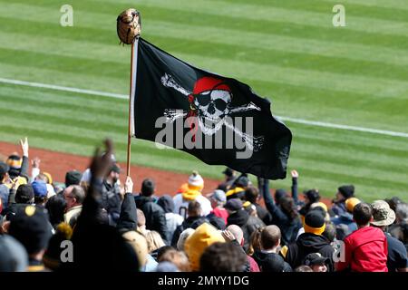 Pittsburgh Pirates mascot waves the pirate's flag, the Jolly Rogers  following the Pirates 7-0 win against the Houston Astros at PNC Park in  Pittsburgh on April 13, 2009. .(UPI Photo/Archie Carpenter Stock