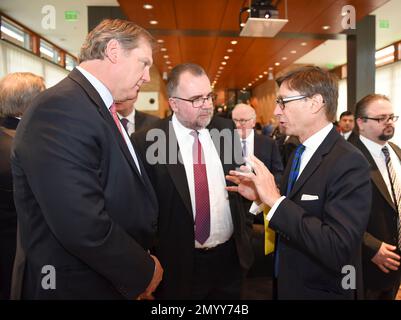 AP IMAGES FOR SIEMENS AG - German Ambassador to the United States Peter Wittig, left, talks with Siemens AG Managing Board Member and CTO Siegfried Russwurm, center, and President and CEO of Siemens USA Eric Spiegel during the 'On the Road to Hannover Messe' presented by the German Embassy and Siemens in Washington on Monday, April 4, 2016. President Barack Obama will join German Chancellor Angela Merkel for the opening ceremony of Hannover Messe 2016, which will run from April 25-29. (Kevin Wolf/AP Images for Siemens AG)