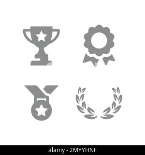 Award and achievement vector icon set. Cup trophy, medal, ribbon badge and laurel wreath fill icons. Stock Vector