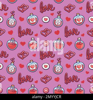 Colorful repetitive pattern background of love and relationship, Valentine's day related love potions, made of simple vector illustrations. Stock Vector