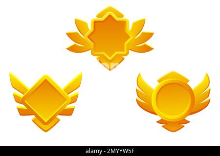 Game rank icons isolated. Game badges buttons in different frame with wings Stock Vector