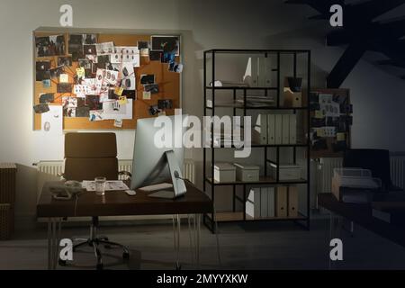 Modern detective office with computer and board Stock Photo - Alamy