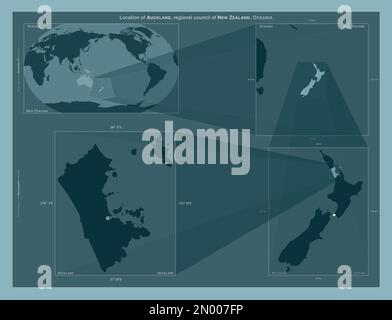 Auckland, regional council of New Zealand. Diagram showing the location of the region on larger-scale maps. Composition of vector frames and PNG shape Stock Photo