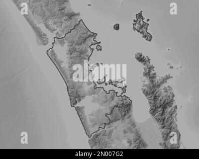 Auckland, regional council of New Zealand. Grayscale elevation map with lakes and rivers Stock Photo