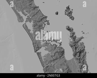 Auckland, regional council of New Zealand. Bilevel elevation map with lakes and rivers Stock Photo