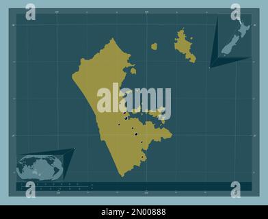 Auckland, regional council of New Zealand. Solid color shape. Locations of major cities of the region. Corner auxiliary location maps Stock Photo