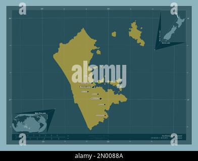 Auckland, regional council of New Zealand. Solid color shape. Locations and names of major cities of the region. Corner auxiliary location maps Stock Photo