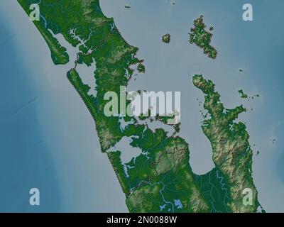 Auckland, regional council of New Zealand. Colored elevation map with lakes and rivers Stock Photo