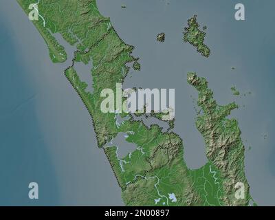 Auckland, regional council of New Zealand. Elevation map colored in wiki style with lakes and rivers Stock Photo