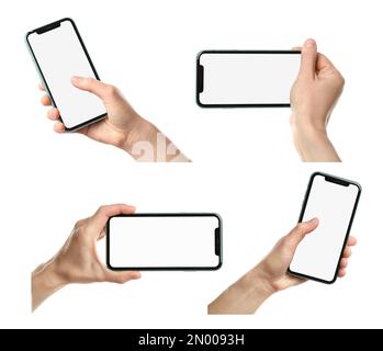 MYKOLAIV, UKRAINE - JULY 07, 2020: Collage with photos of woman holding iPhone 11 on white background, closeup Stock Photo