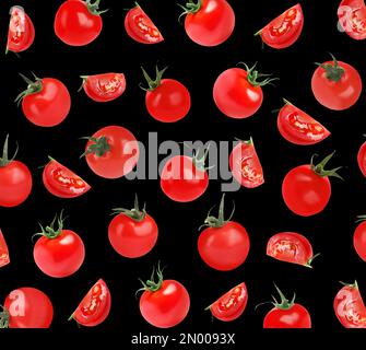 Fresh tomatoes on black background. Pattern design Stock Photo