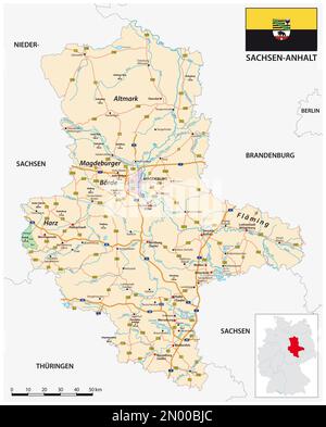 Roadmap of the German state of Saxony Anhalt with flag Stock Photo