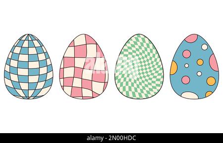Groovy hippie Happy Easter. Set of Easter eggs with patterns in trendy retro 60s 70s style Stock Vector