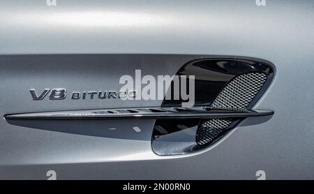 Calafat, Spain, April 18, 2021: design detail of a side ventilation intake of a mercedes benz AMG GT R, parked in the waiting area before leaving for Stock Photo