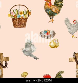 Easter cross egg pigeon pink pattern watercolor Stock Photo