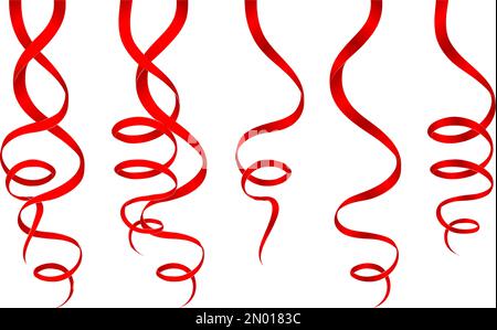 Red ribbon set. Satin silk vertical tapes collection for decoration celebrations. Stock Vector