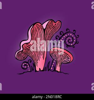 Fairytale watercolor outlined mushrooms. Glowing chanterelle witchcraft funguses design. Stock Vector