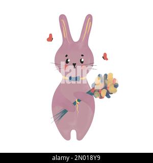 Cute rabbit watercolor illustration. Spring lovely bunny in bow tie with flower bouquet. Design element isolated on white background. Stock Vector