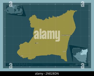 Atlantico Norte, autonomous region of Nicaragua. Solid color shape. Locations and names of major cities of the region. Corner auxiliary location maps Stock Photo