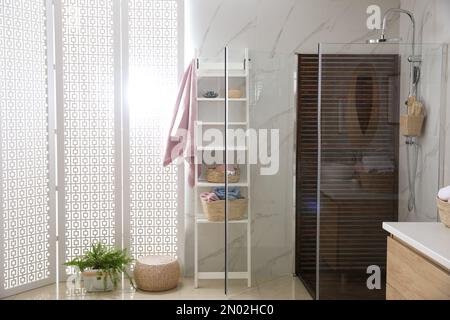 Bathroom interior with shower stall and shelving unit. Idea for design Stock Photo