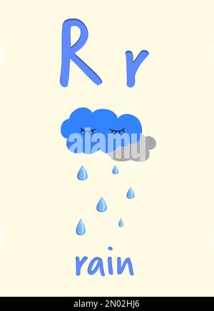 Learning English alphabet. Card with letter R and rain, illustration Stock Photo