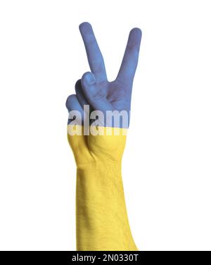Man showing victory gesture, closeup. Hand in colors of Ukrainian flag Stock Photo