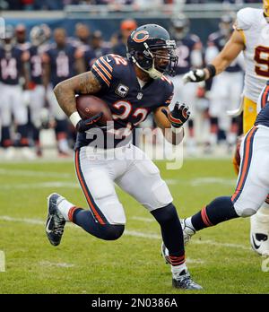 Chicago Bears running backs Chester Taylor (29) and Matt Forte (22)  celebrate Taylor's touchdown against the Green Bay Packers during the  fourth quarter of their NFC Championship playoff game at Soldier Field