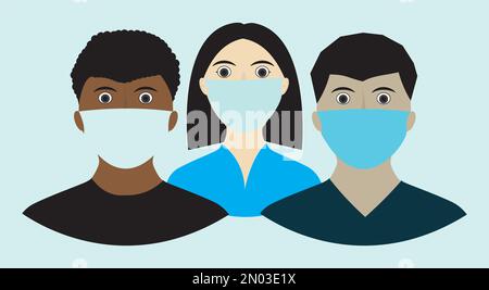 People using Safety breathing masks Corona Virus. Industrial safety N95 mask, dust protection respirator and breathing medical respiratory mask. Hospi Stock Vector