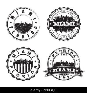 Miami Florida Stamp Skyline Postmark. Silhouette Postal Passport. City Round Vector Icon Set. Vintage Postage Stock Vector