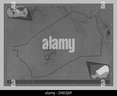 Agadez, department of Niger. Grayscale elevation map with lakes and ...