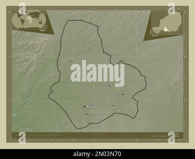 Maradi, department of Niger. Elevation map colored in wiki style with lakes and rivers. Locations and names of major cities of the region. Corner auxi Stock Photo