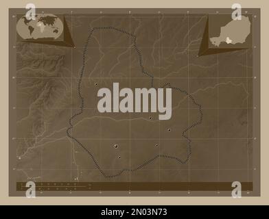 Maradi, department of Niger. Elevation map colored in sepia tones with lakes and rivers. Locations of major cities of the region. Corner auxiliary loc Stock Photo