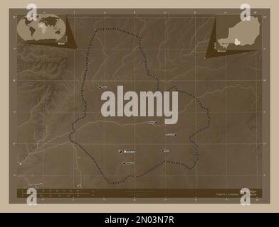 Maradi, department of Niger. Elevation map colored in sepia tones with lakes and rivers. Locations and names of major cities of the region. Corner aux Stock Photo