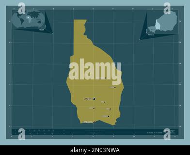 Tahoua, department of Niger. Solid color shape. Locations and names of major cities of the region. Corner auxiliary location maps Stock Photo