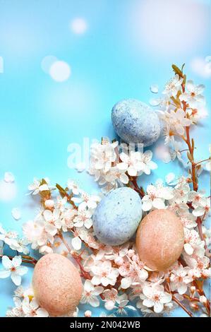 Easter eggs with spring blossom flowers on blue background. Colored Egg Holiday border Stock Photo