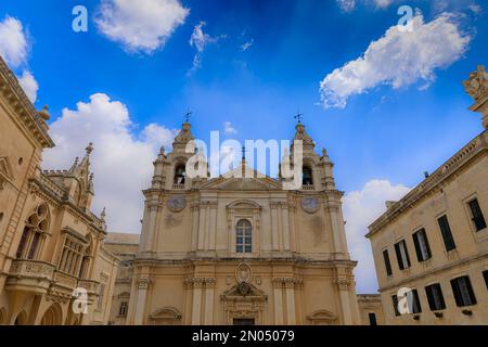 Saint Paul and Peter cathedral in Mdina, Malta. Catholic church under cloudy sky background. Stock Photo