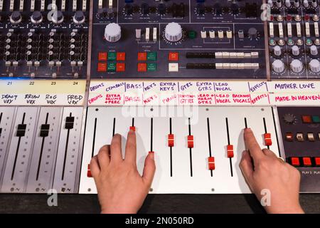 Vintage audio recording equipment in a professional analog recording studio. Picture taken at the Mountain View Studio at Montreux, Switzerland. Stock Photo