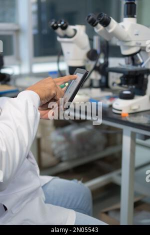 Close-up of a scientist using a handheld tablet in the laboratory Stock Photo