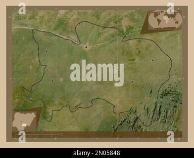 Benue, state of Nigeria. Low resolution satellite map. Locations of major cities of the region. Corner auxiliary location maps Stock Photo